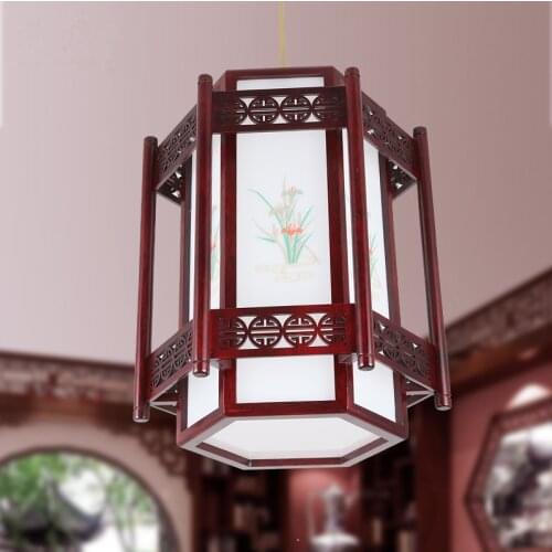 Chinese orchids pattern red wood art Pendant Lights Carved frame white acryl shade E27 LED lamp for stairs&cafe&pavilion MYR062