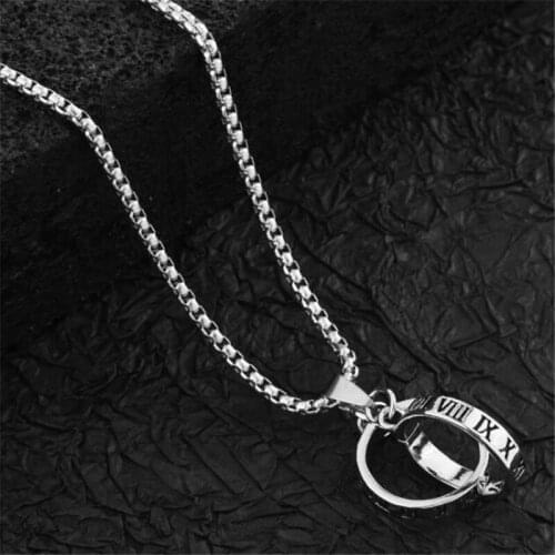 Simple Roman Numeral Double Ring Pendant Necklace Trend Mens Hip Hop Stainless Steel Silver Color Necklace Fashion Male Jewelry