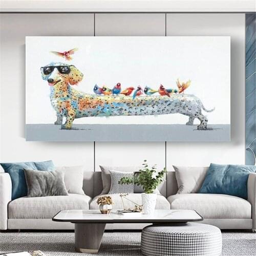 Hand Painted Modern Abstract Dachshund Oil Painting On Canvas Cool Cartoon Dog with Glasses Wall Art For Living Room Home Decor