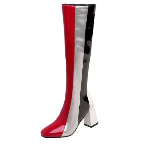 Round Toe Thick Heel Color-Block Patent Leather Knee-Length Boots Stitching Block White Color-Block Red Bright Leather Boots