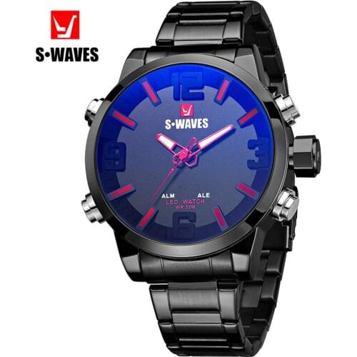 SWAVES LED Men Watches Unique Waterproof Complete Calendar Watch Men Luxury Dual Display Quartz Stainless Steel Relojes Hombre