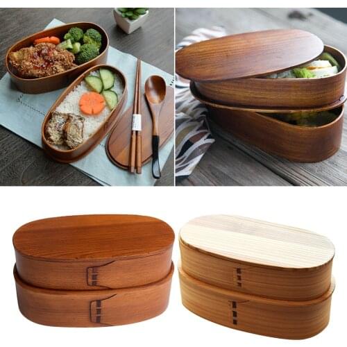 Japanese Double Layers Food Container Oval Natural Wooden Bento Lunch Box