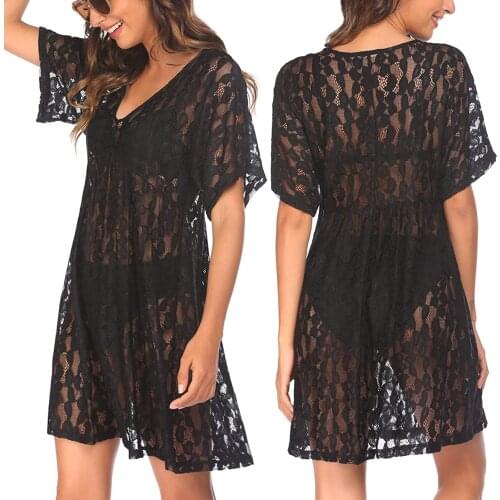 Womens Sexy Bikini Cover Up Hollow Out Solid Beach Dress Summer Transparent Bathing Suit Loose Wear Womens Swimwear 2021