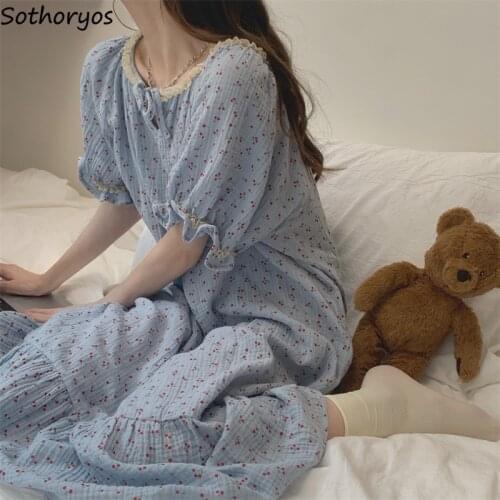 Women Floral Sleepshirts Mid-calf Fresh Loose Cozy Sweet Girls Teenagers Females Nightgowns Large Size M-4XL Ulzzang Fashion Hot