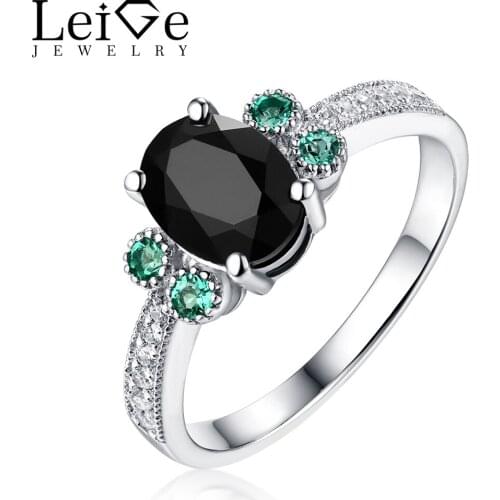 Leige Jewelry Oval Cut Black Spine Natural Gemstone Fine Jewelry 925 Sterling Silver Dinner Rings for Women Christmas Gift