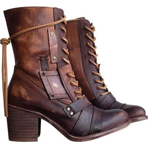 Womens Retro Comfy Chunky-heel Lace-up Boots
