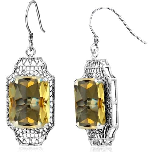 Pure 925 Sterling Silver Fine Jewellery Square Natural Yellow Citrine November Birthstone Drop Earrings For Women