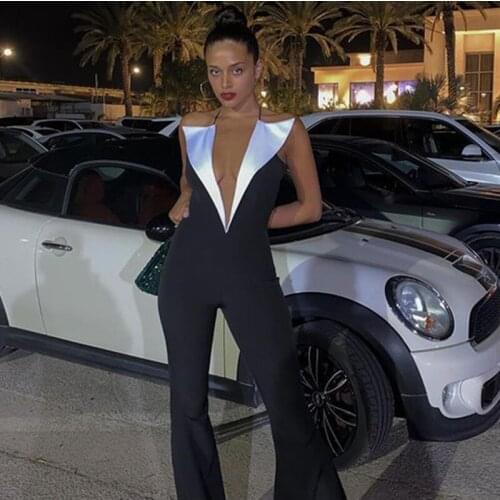 High Street Summer Fashion Sexy Backless Halter Black Bodycon Women Jumpsuit 2021 Celebrity Designer Fashion Rompers Female