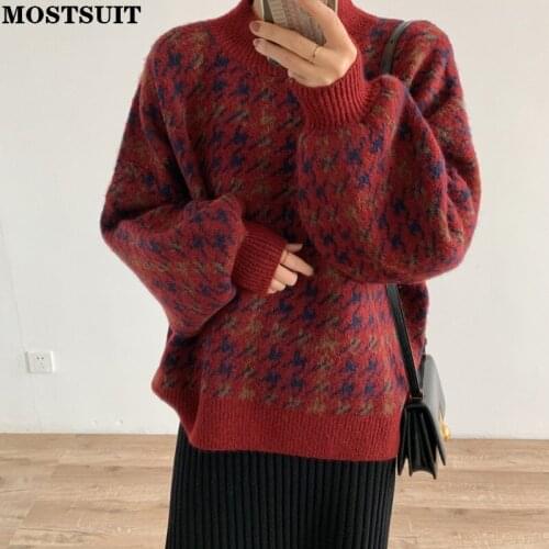 Autumn Winter Thicken Loose Pullover Sweater Women Houndstooth Knitted Full Sleeve Jumpers Vintage Warm Female Tops 2021