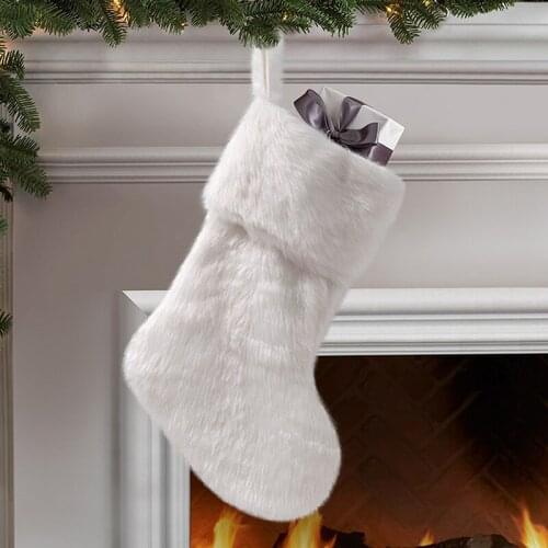 2021 Christmas Stocking Large Xmas Gift Bags Fireplace Decoration White Plush Socks New Year Candy Holder Christmas Decor