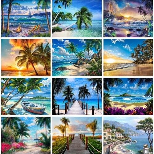 Huacan Diamond Painting New Seaside Kits 5D Diamond Mosaic Full Coconut Tree Pictures Of Rhinestones Craft Kit