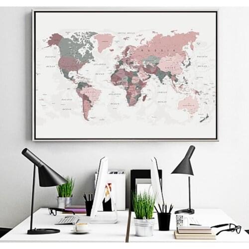 World Map Home Decor Poster Pink Map Wall Pictures Vintage World Map Canvas Painting For Living Room Decoration