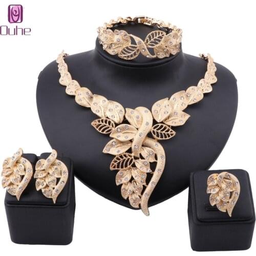 African Dubai Gold Jewelry Nigerian Crystal Necklace Bangle Earrings Ring Women Italian Bridal Jewelry Sets Wedding Accessories