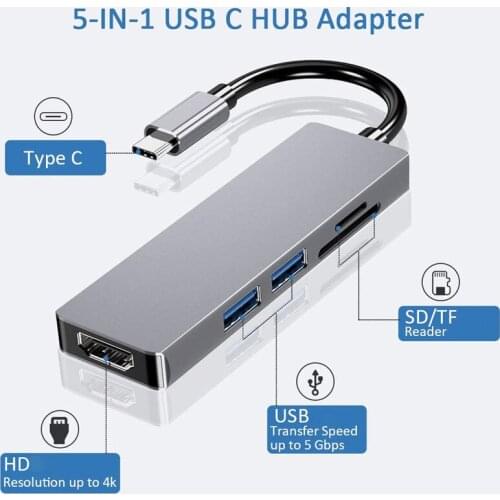 NEW 5 IN 1 USB-C Hub Type C To 4K HDMI-Compatible/RJ45/USB/SD/TF Card Reader/PD Charging For MacBook Air/Pro and Windows Laptops