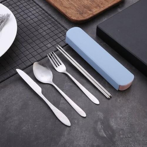 4Pcs Set of Chopsticks Spoons Portable Stainless Steel Tableware Chopsticks Spoon Fork Steak Knife with Storage Case
