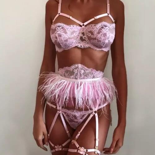 Neon Lingerie Womens Sexy Lace feather Embroidery Lingeries Set Halter Bra Hollow underwear Thong Sleepwear Bra Conjunto de len