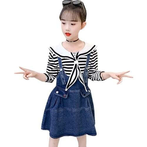 Girls Clothes Striped Tshirt + Denim Dress Clothing For Girls Patchwork Girls Clothes Casual Style Kid Clothes 6 8 10 12 14