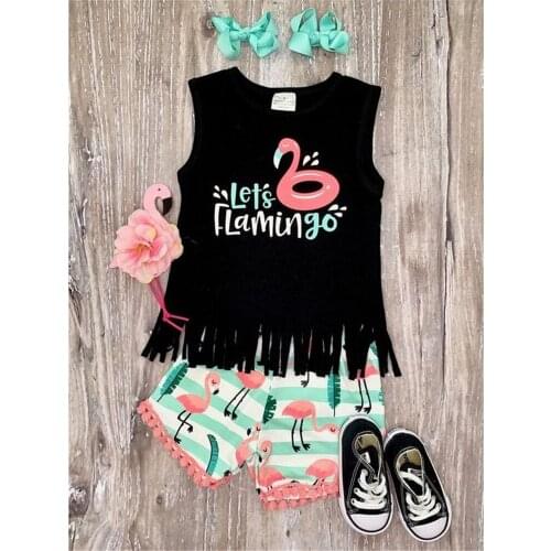 1-6Y Summer Children Girl Clothes Set Flamingo tassel Sleeveless Top+Shorts+Headband 3Pcs Casual Kids Girl Clothes Set