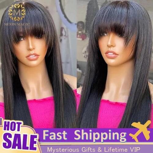 Wig With Bangs Human Hair Wig With Front Bang 13x4 Lace Front Human Hair Wigs Straight Lace Front Wig With Fringe PrePlucked 150