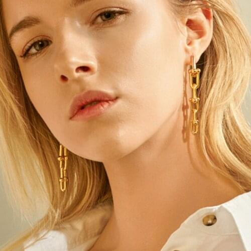 FLOLA Gold Curb Link Drop Earrings For Women U Shape Hollow Geometric Cuban Thick Chain Dangle Earrings Chunky Jewelry ersu70