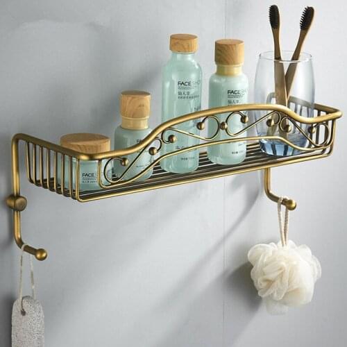 Bathroom Shelf Antique Brass Bath Shower Rack Wall Mounted Bolt Inserting Type Corner Basket Shelf With Hooks Bath Hardware