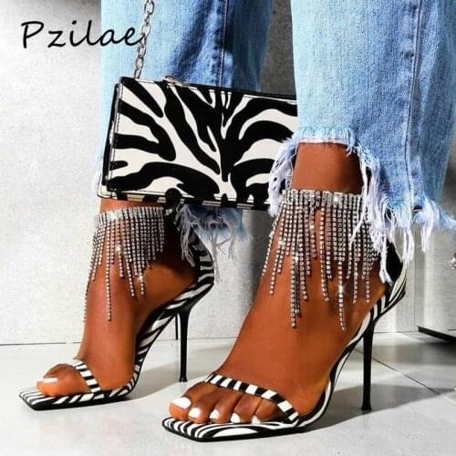 Pzilae Elegant Rhinestone Fringe Pumps Zebra Pattern Cover Heel Sandals Women Shoes Square Toe Sexy High Heel Summer Party Shoes