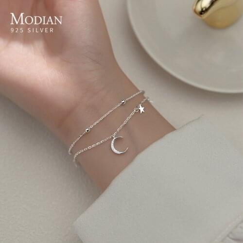 Modian Silver Luxury Double Layer Stars Moon Sparkling Bracelet 925 Sterling Silver Chain Adjustable Bracelets For Women Jewelry