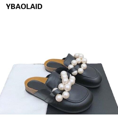 Baotou Pearl Belt Decoration Flat Slippers Summer New Style Outer Wear Thick-soled Muller Half Slippers Pearl Lazy Casual Shoes