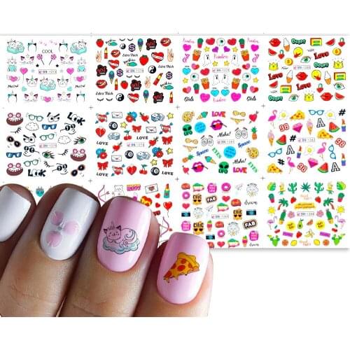 12 styles Cute Animal Water Transfer Nail Sticker Sliders Lovely Fruits Cat Cake Rainbow Image Manicure Nail Art Decor Tattoo