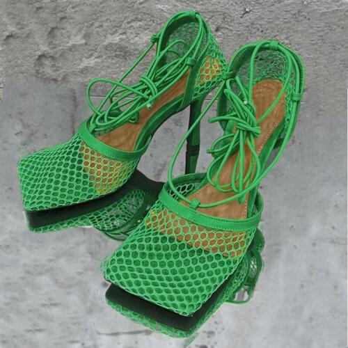2021 New Sexy Green Mesh Pumps Sandals Female Square Toe high heel Lace Up Cross-tied Stiletto hollow Dress shoes