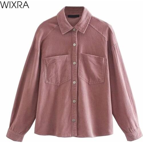 Wixra Womens Blouse Long Sleeve Turn-Down Collar Casual Loose Boyfriend Corduroy Shirts Autumn Winter Tops