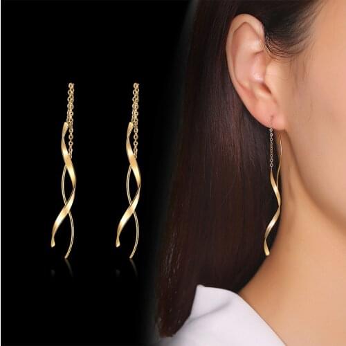 Womens Spiral Bar Chain Threader Earrings Long Drop Earrings Gold silver color Stainless Steel Curved Twist Dangle Earrings