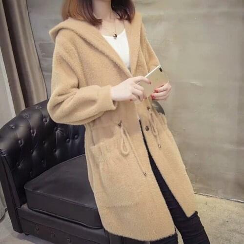 Women 2020 Spring Autumn New Imitation Water Velvet Knitted Coat Female Hooded Loose Mink Sweater Outwear Fashion Cardigans G04