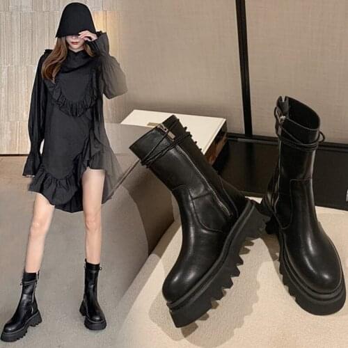 2020 winter platform boots tube crosstied mid-calf booties thick bottom round toe motorcycle bottes femmes goth botas shoes