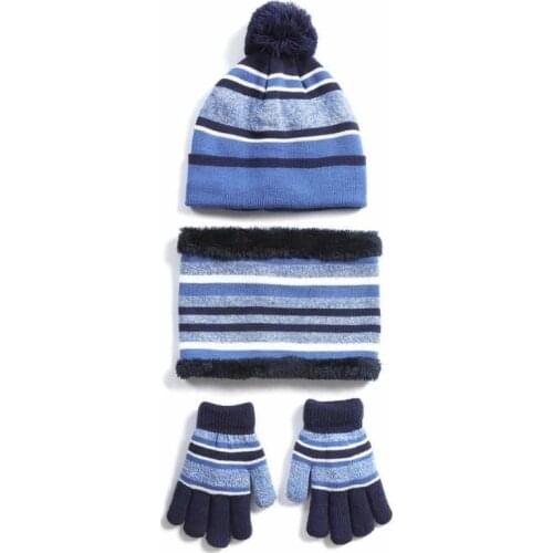 3PCS/Set Childres Striped Scarf Hat Glove Sets Winter Warm Thicken Velvet Hats Boys Girls Kids Knitted Pompom Hats Beanie