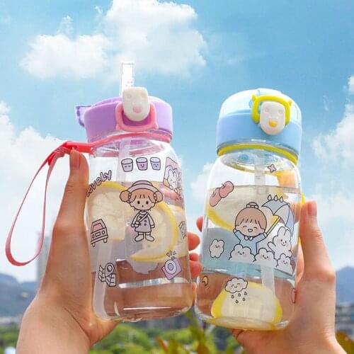400ml Cartoon Portable Baby Feeding Water Drink Straw Water Bottle Sippy Cup with Lanyard Learning Drinking Bottle Bebe