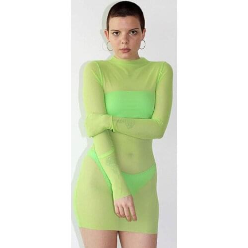 BKLD 2019 Women Sexy Summer See Through Mesh Dress Long Sleeve Bodycon Mini Dress High Waist Beach Party Clubwear Female Dresses