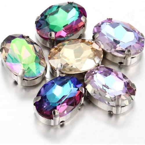 13x18mm Gleamy Colorful Oval Sew on Stones Strass Crystal Rhinestones With Flat Back Copper Claws Sew on Clothing Crafts Bags
