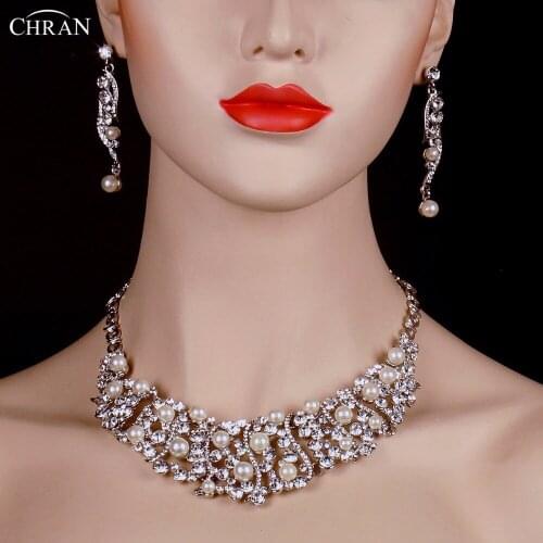 CHRAN Lovely Silver Plated Faux Pearl Bridal Jewelry Set for Women Christmas Gift Luxury Crystal Necklace Dangle Earrings Set