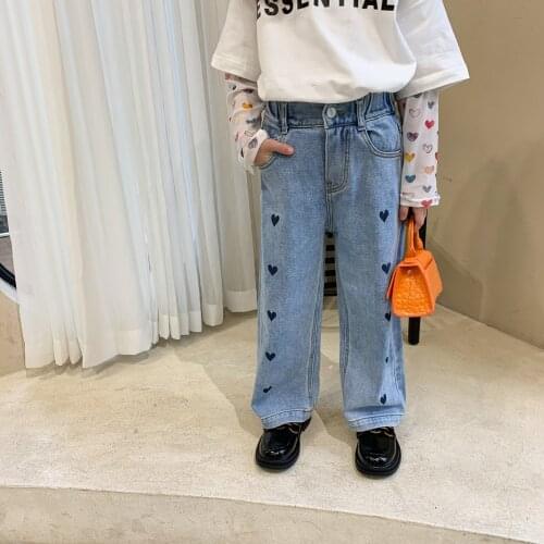 Kids Pants Fashion New Spring Baby Girl Loose Jean Pant Cotton Wide Leg Toddler Teen Child Heart Pattern Denim Trousers 2-10Y