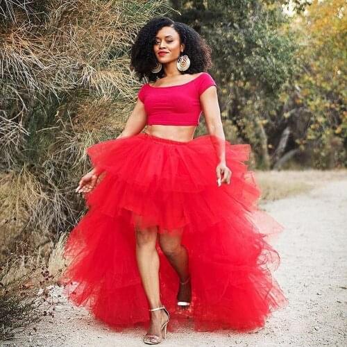 High End Red High Low Puffy Tulle Skirts Elastic Ruffles Tiered Long Lady Tutu Skirt Custom Made Saias 2020 Custom Made