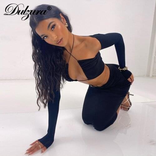 Dulzura Solid Women 3 Piece Set Long Sleeve Halter Crop Top Tanks Lace Up Bandage Midi Skirt Bodycon Sexy Streetwear Party Club