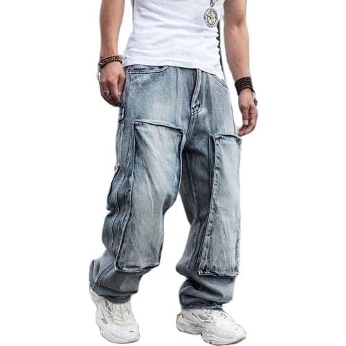 Trendy Hiphop Harem Jeans Overalls Men Casual Denim Cargo Pants Loose Baggy Wide Leg Jeans Big Pocket Trousers Street Fashion