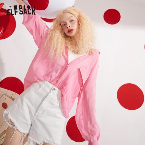 ELFSACK Solid Pure Single Breasted Casual Chiffon Shirt Women,2021 Spring Vintage Full Sleeve Korean Ladeis Basic Daily Top