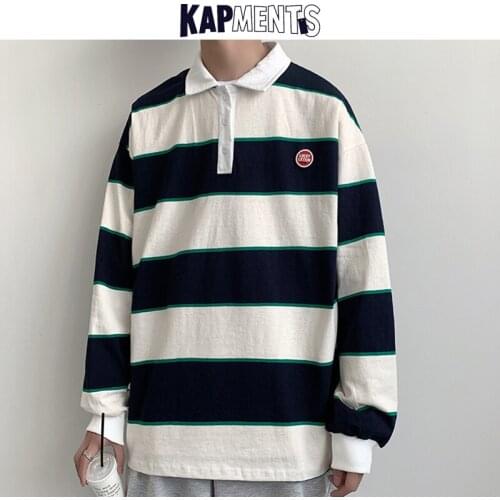 KAPMENTS Men Korean Fashions Striped Shirt Harajuku T Shirts 2021 Spring Mens Vintage Long Sleeve T-shirts Male Oversized Tees