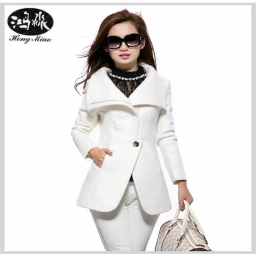 HongMiao 2018 Winter Coat Women Casual Slim White Wool Coat High Quality Brand Warm Overcoat