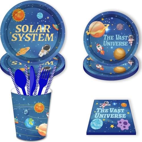 Boy Space Planet Stars Solar System Theme Baby Shower Happy Birthday Party Disposable Tableware Sets Plates Cups Napkin Tissues
