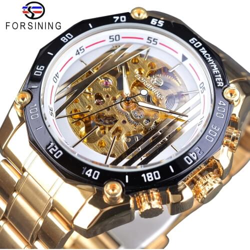 Forsining Mechanical Steampunk Design White Golden Stainless Steel Skeleton Gear Movement Men Automatic Watches Top Brand Luxury