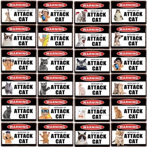 Warning Metal Signs Beware Of Attack Cat Tin Poster Vintage Funny Animal Plates Retro Wall Decoration For Pet Shop Room 30X20CM