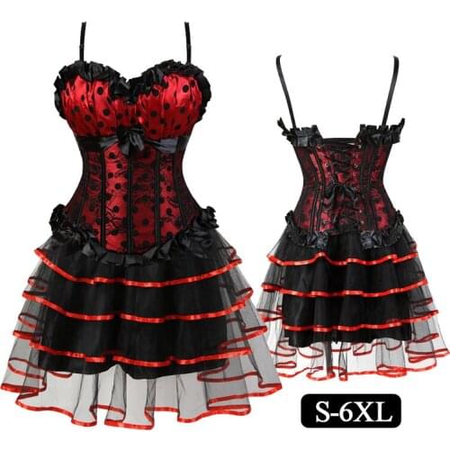 Fahsion Women Cute dots Ruffles Gothic Corset Dress Halloween Costume Sexy zipper Bustier Corselet Mini skirt Plus Size 6XL